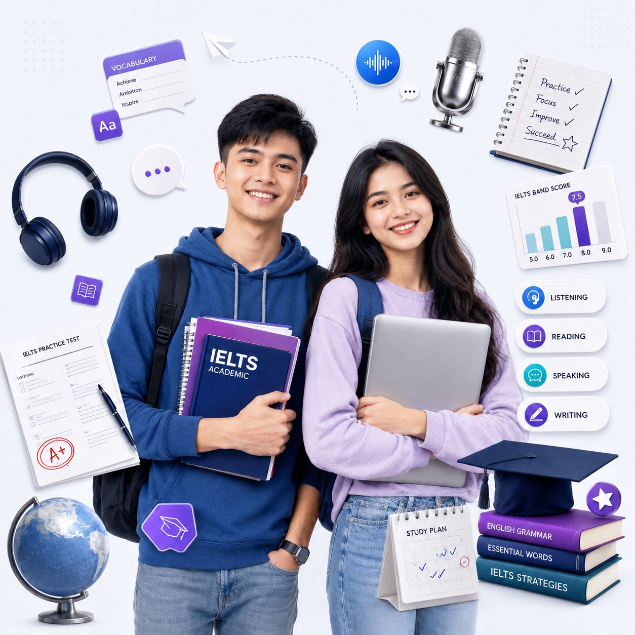 Hai học sinh tươi cười học IELTS cùng laptop